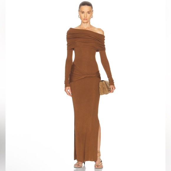 Aya Muse Dresses & Skirts - Aya muse off shoulder maxi dress Elegant Brown Off-Shoulder Dress